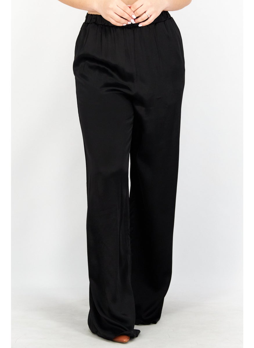 Women Straight Fit Plain Satin Pants, Black