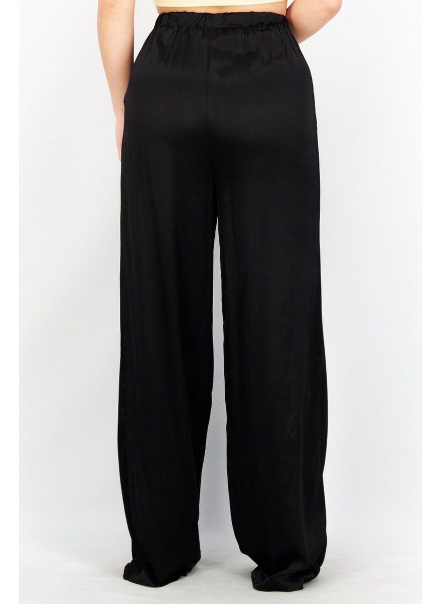 Women Straight Fit Plain Satin Pants, Black