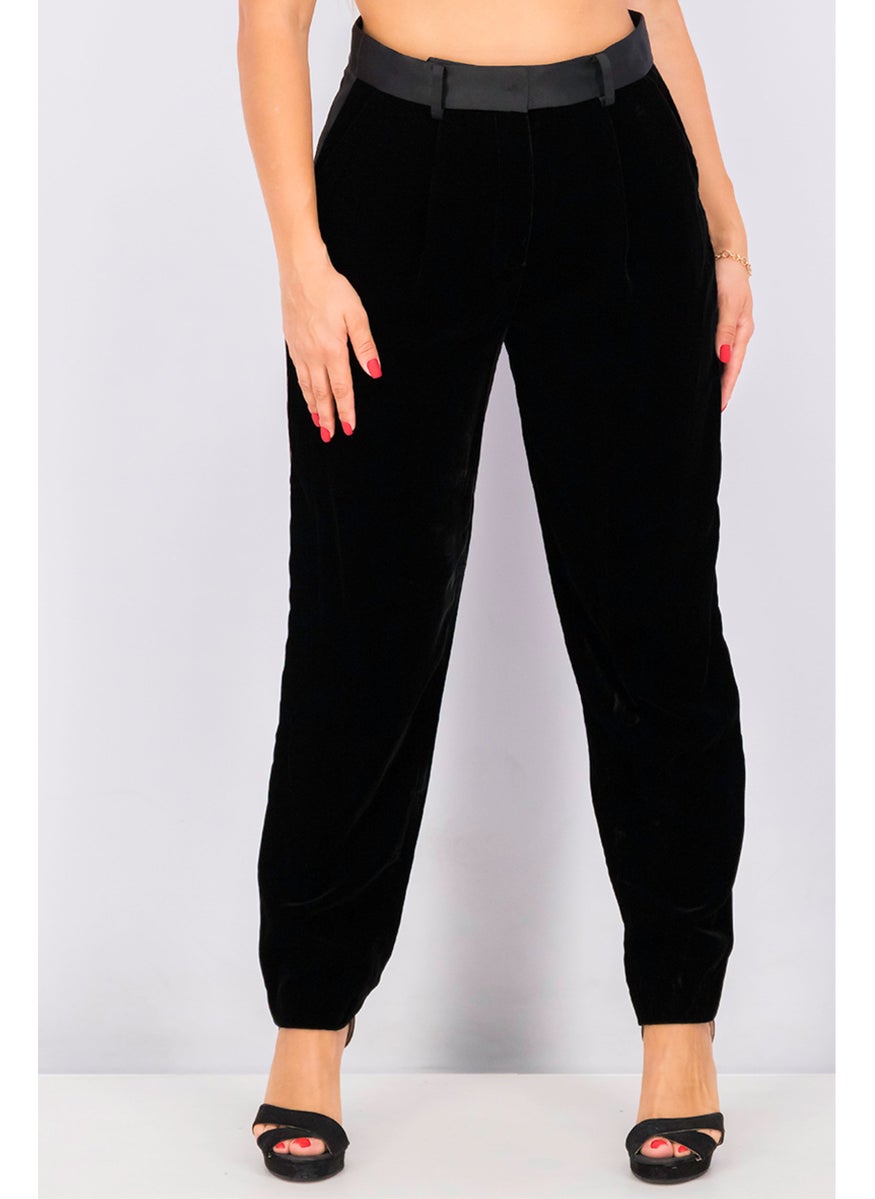 Women Regular Fit High Rise Solid Pants, Velvet Black
