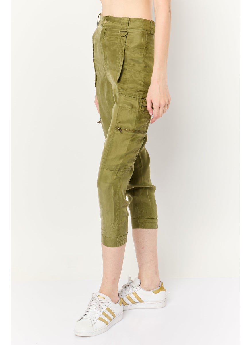 Women Regular Fit Solid Tapered Cargo Pants, Olive