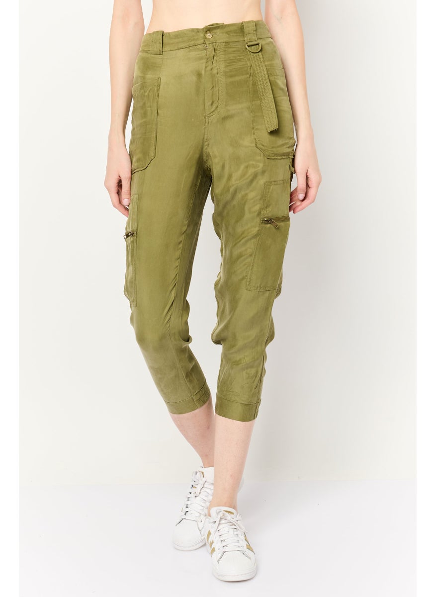 Women Regular Fit Solid Tapered Cargo Pants, Olive