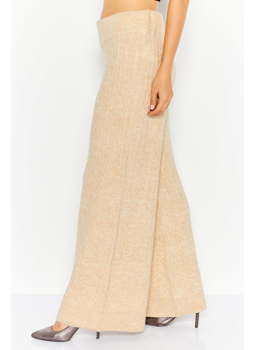 Women Regular Fit Heather Knitted Wide Leg Pants, Beige