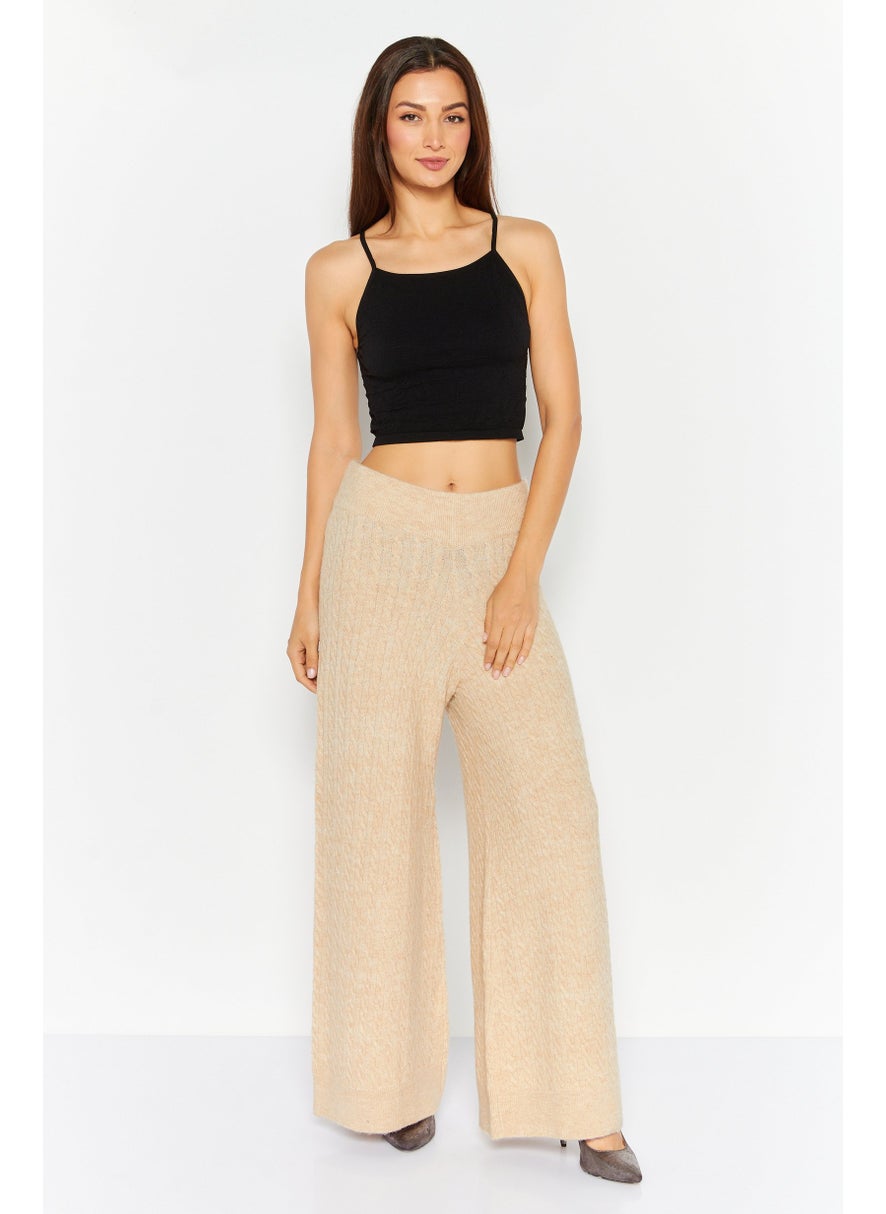 Women Regular Fit Heather Knitted Wide Leg Pants, Beige