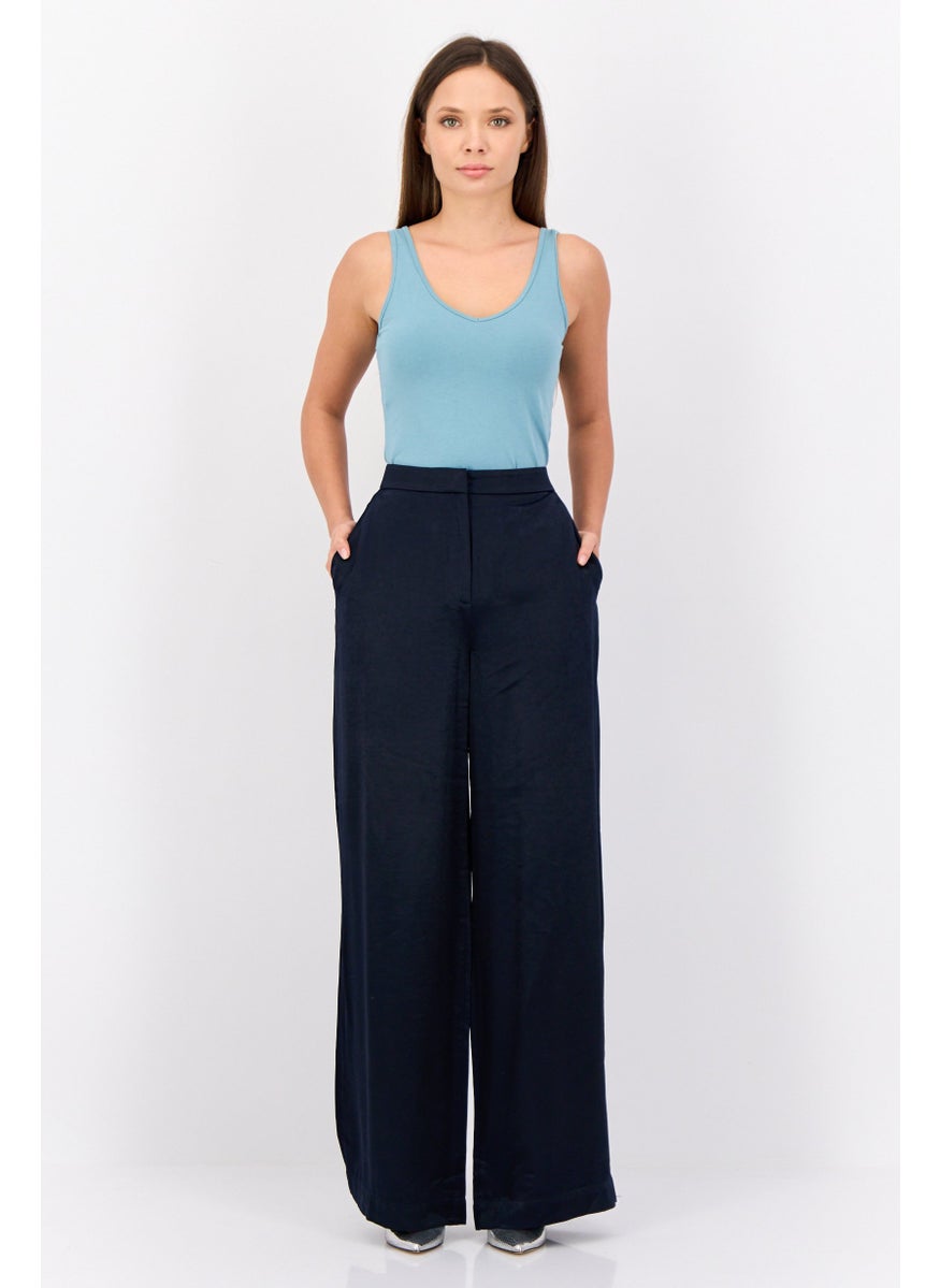 Women Regular Fit Plain Wide Leg Pants, Navy
