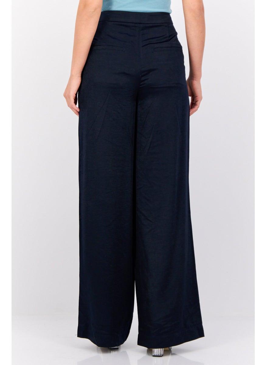 Women Regular Fit Plain Wide Leg Pants, Navy