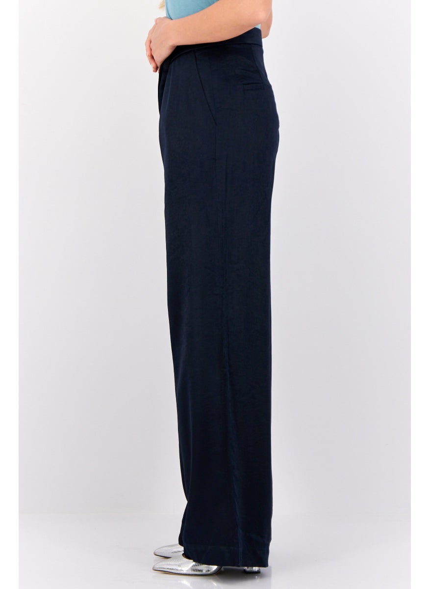 Women Regular Fit Plain Wide Leg Pants, Navy