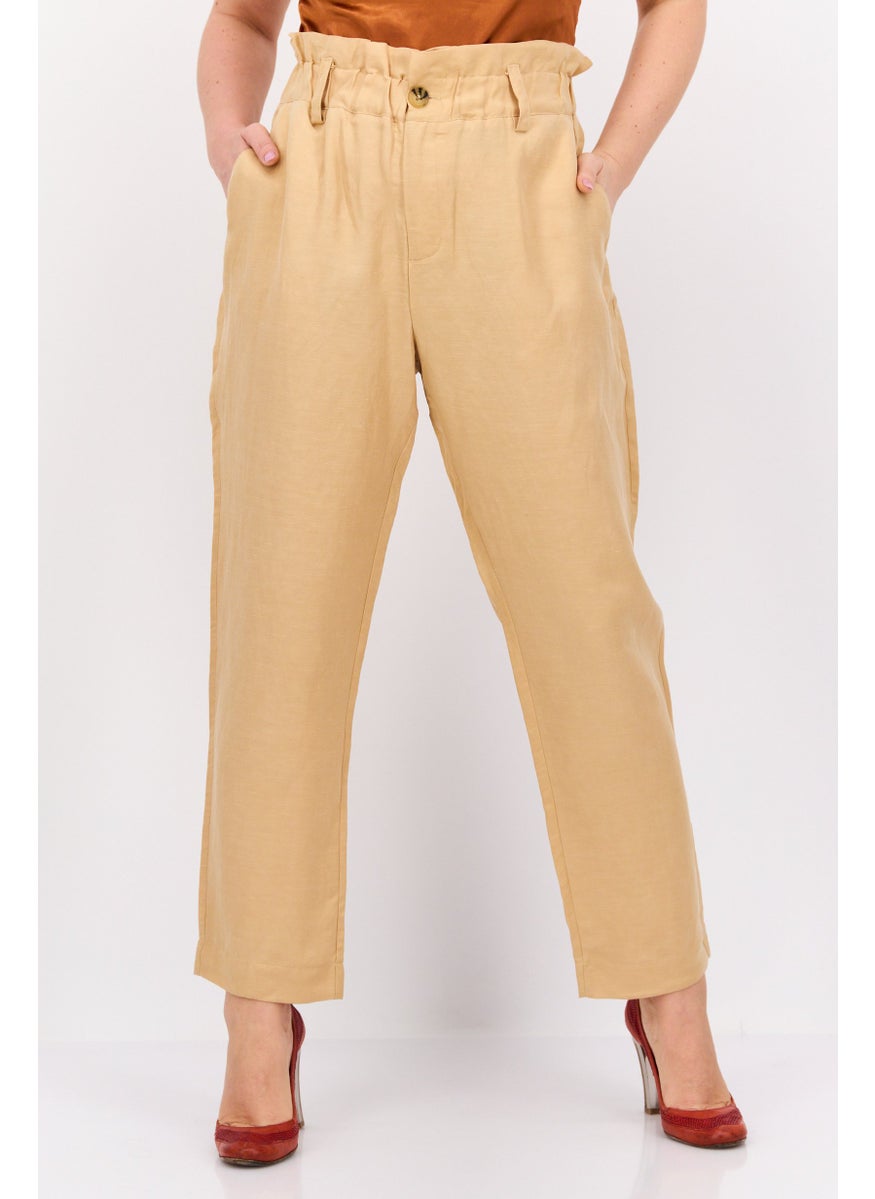 Women Regular Fit Textured Belted Straight Leg Pants, Tan