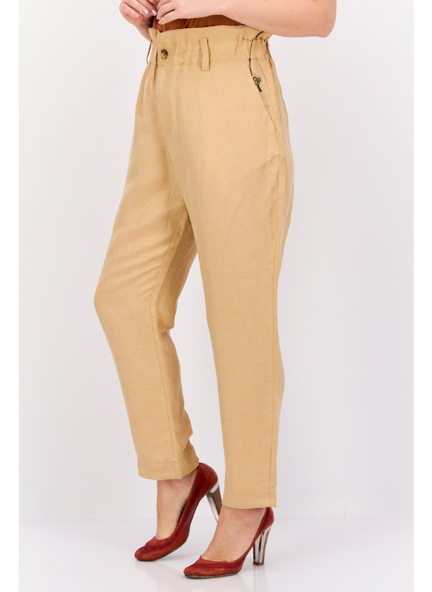 Women Regular Fit Textured Belted Straight Leg Pants, Tan