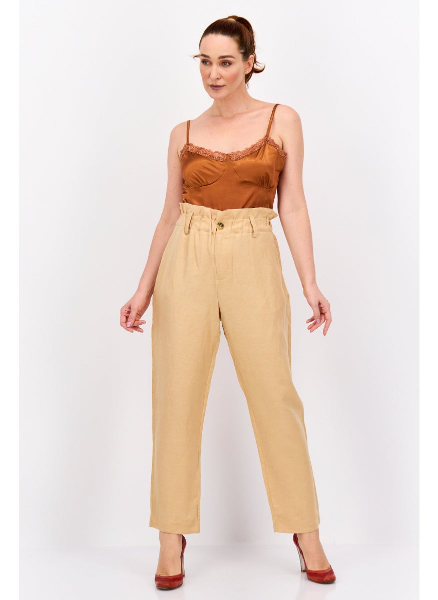 Women Regular Fit Textured Belted Straight Leg Pants, Tan