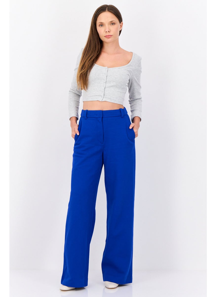 Women Regular Fit Textured Straight Leg Pants, Dark Blue