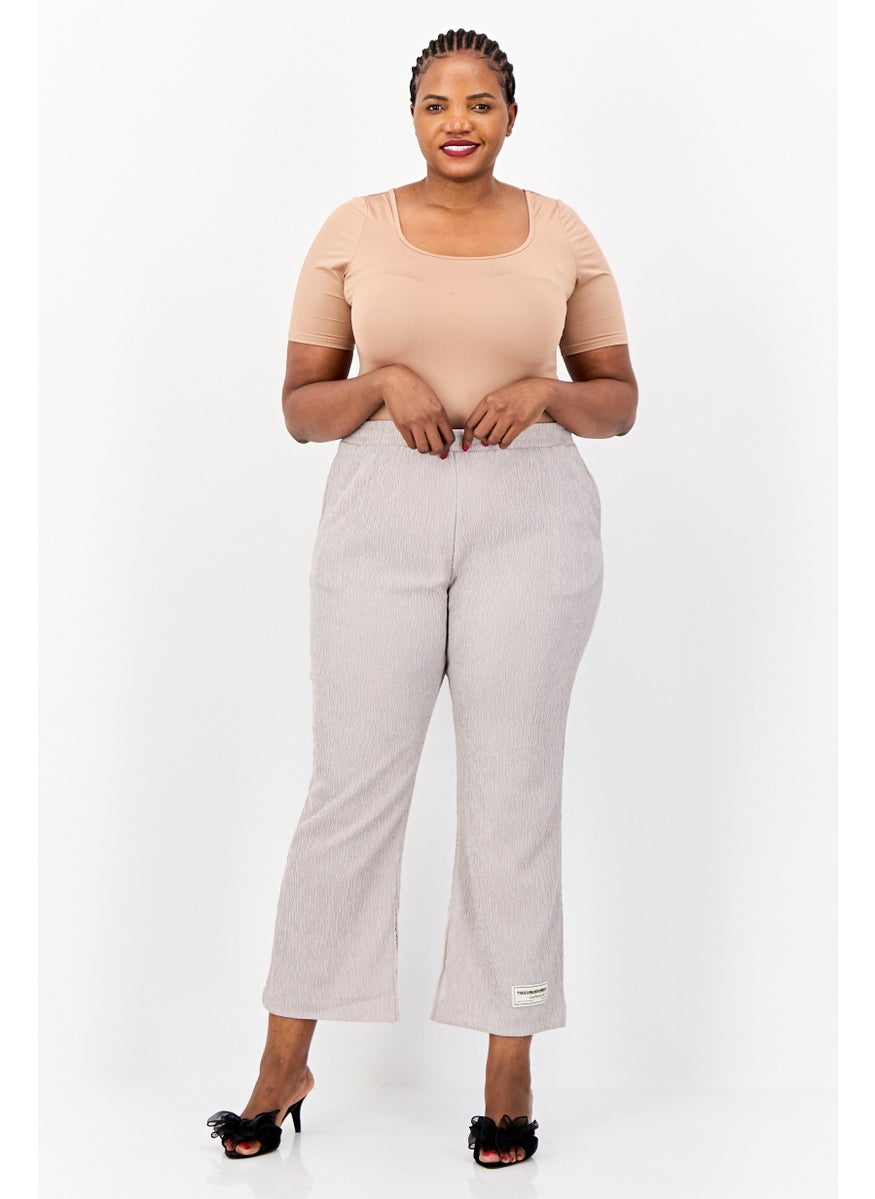 Women Regular Fit Textured Wide Leg Pants, Beige