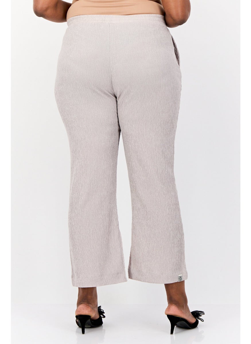 Women Regular Fit Textured Wide Leg Pants, Beige