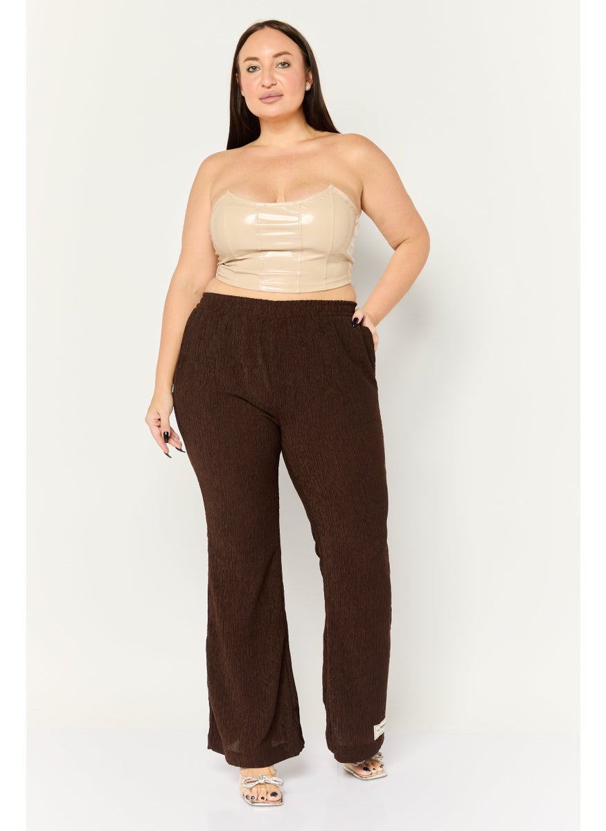 Women Regular Fit Textured Wide Leg Pants, Brown