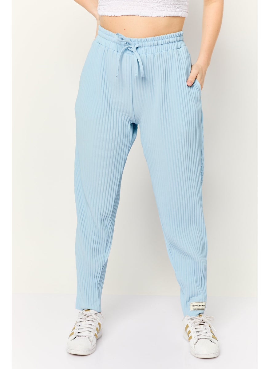 Women Regular Fit Pleated Wide Leg Pants, Blue