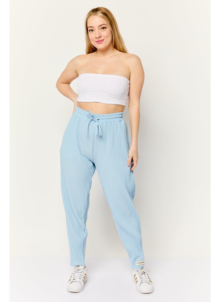 Women Regular Fit Pleated Wide Leg Pants, Blue