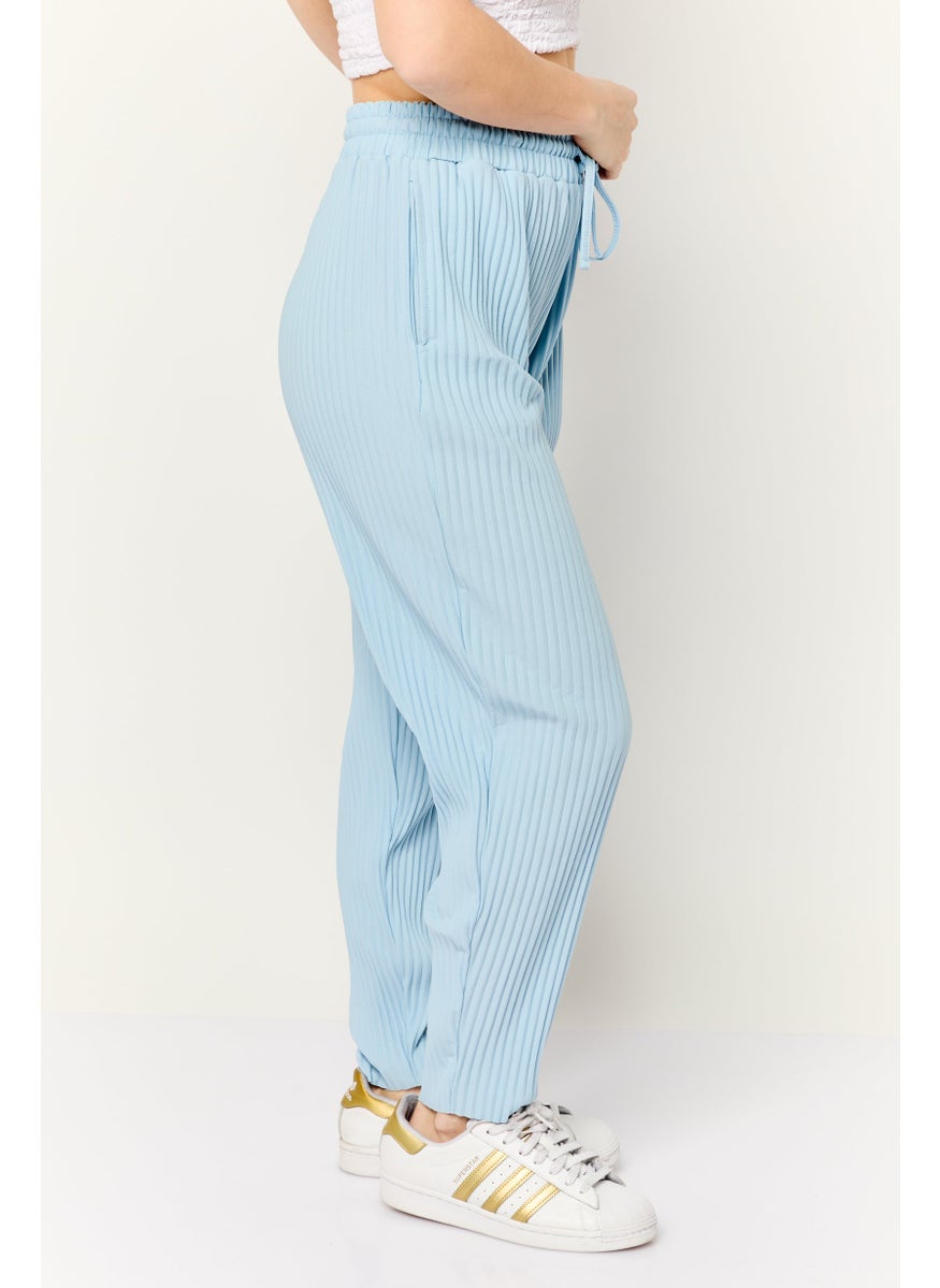 Women Regular Fit Pleated Wide Leg Pants, Blue