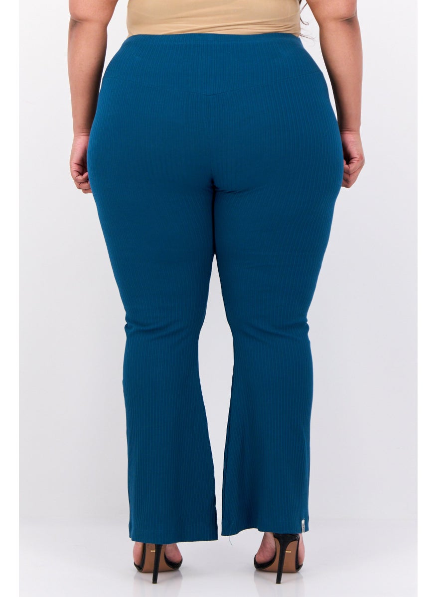 Women Regular Fit Ribbed Flare Pants, Teal Blue