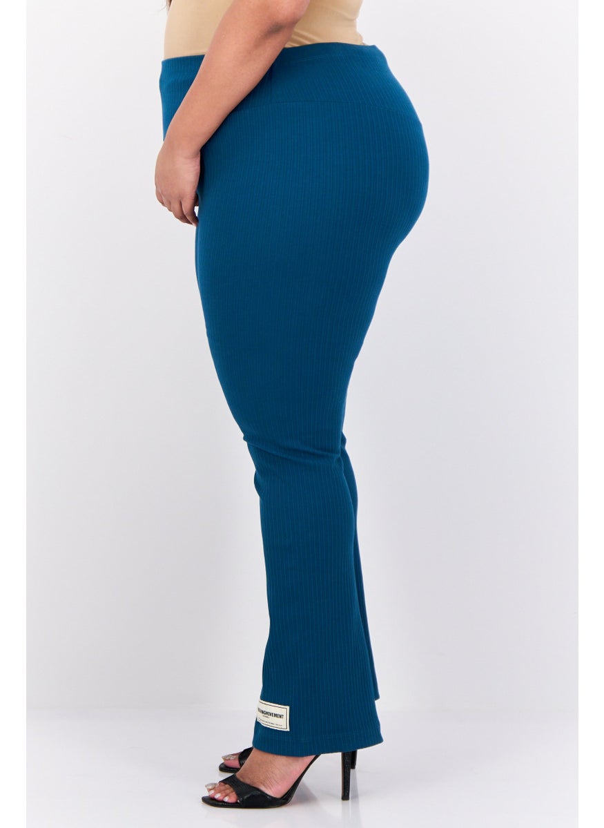 Women Regular Fit Ribbed Flare Pants, Teal Blue