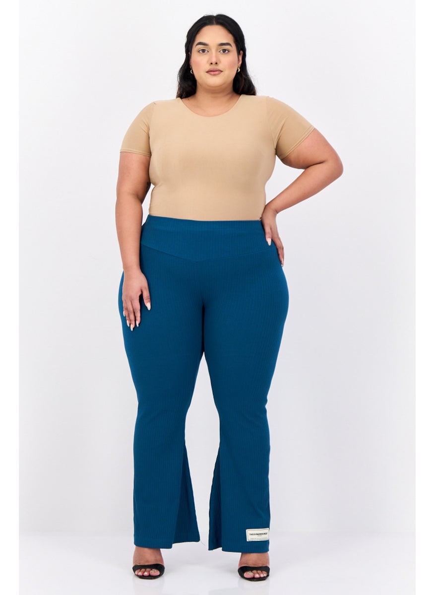 Women Regular Fit Ribbed Flare Pants, Teal Blue