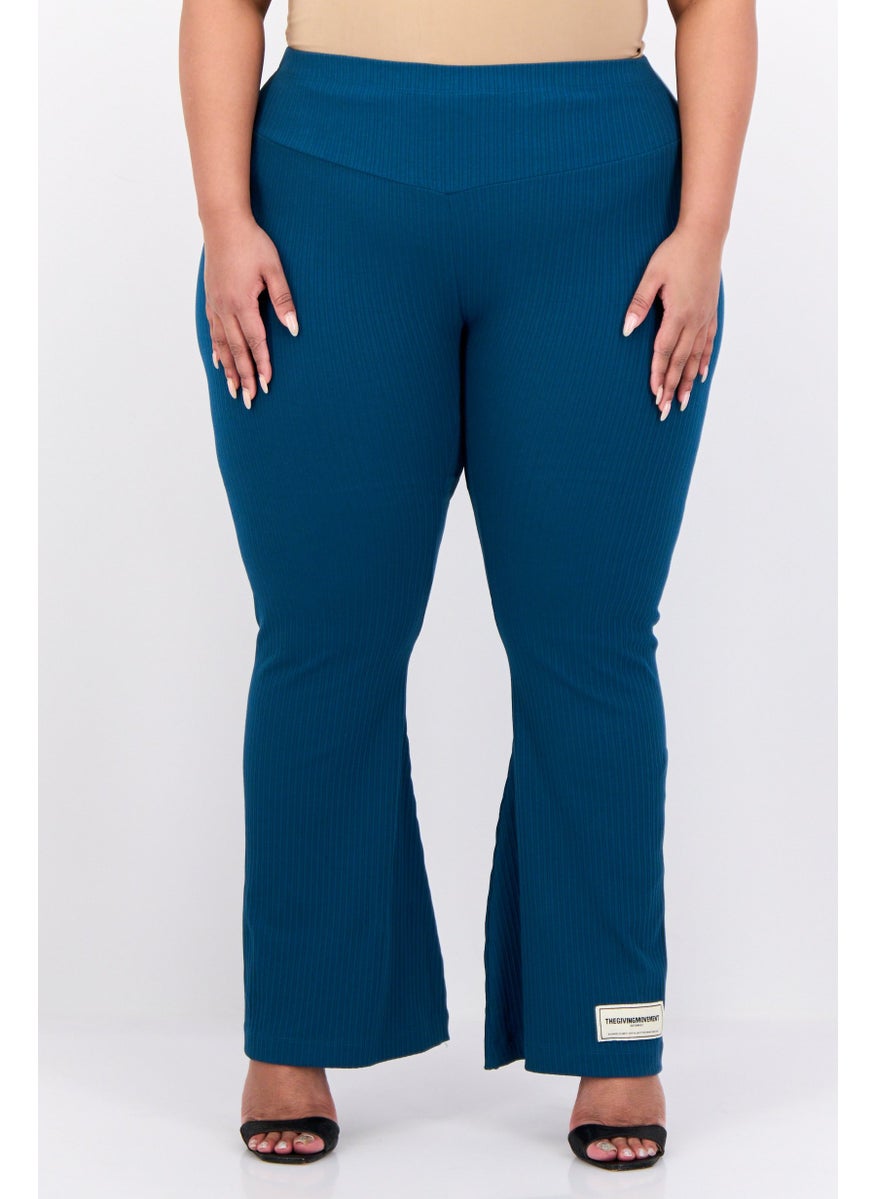 Women Regular Fit Ribbed Flare Pants, Teal Blue