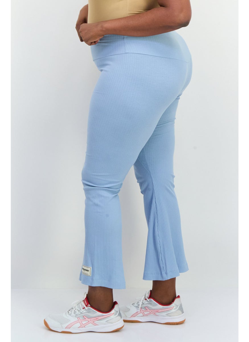Women Regular Fit Ribbed Flare Pants, Light Blue