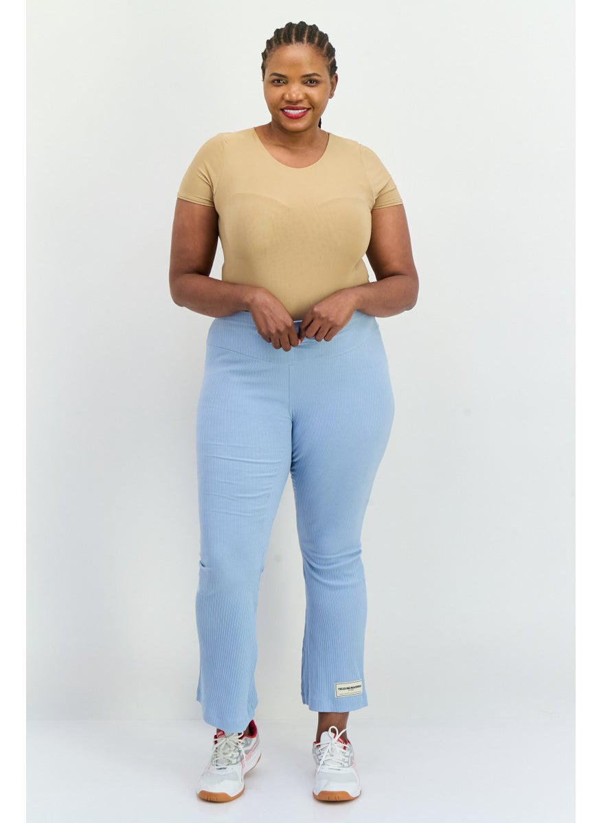 Women Regular Fit Ribbed Flare Pants, Light Blue