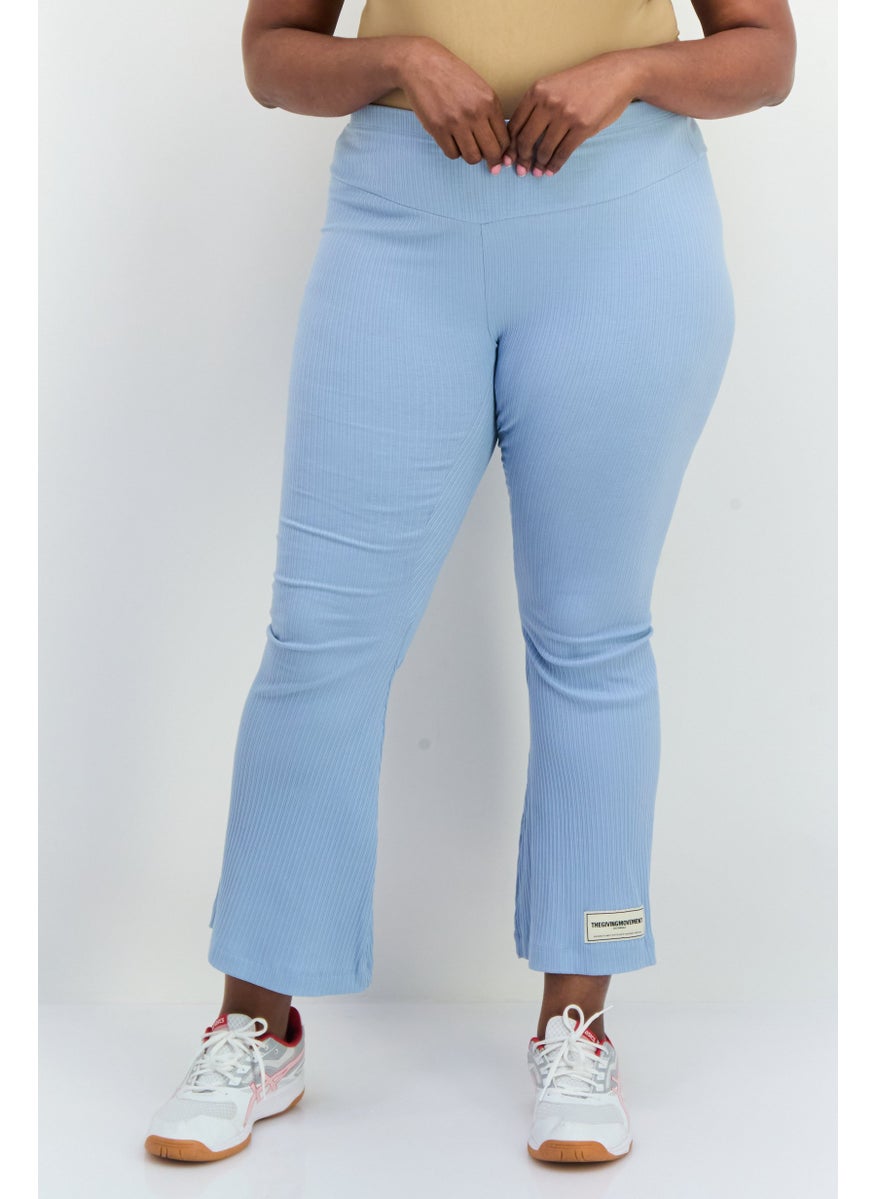 Women Regular Fit Ribbed Flare Pants, Light Blue
