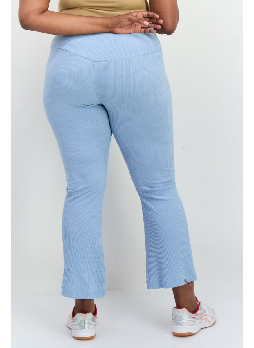 Women Regular Fit Ribbed Flare Pants, Light Blue