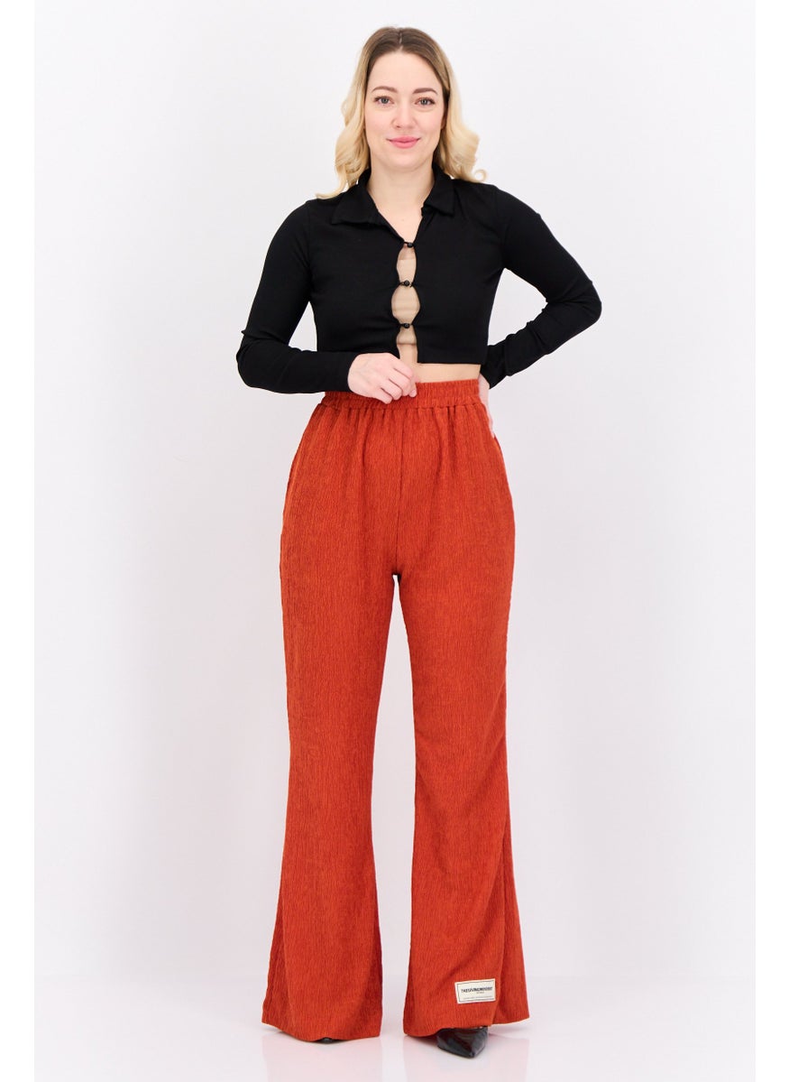 Women Regular Fit Textured Wide Leg Pants, Rust