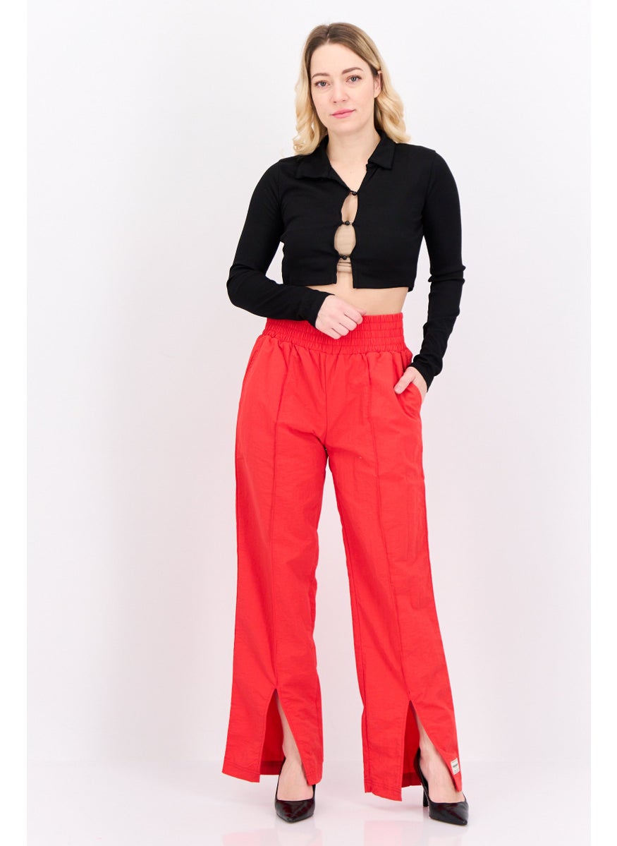 Women Regular Fit Brand Logo Wide Leg Pants, Red