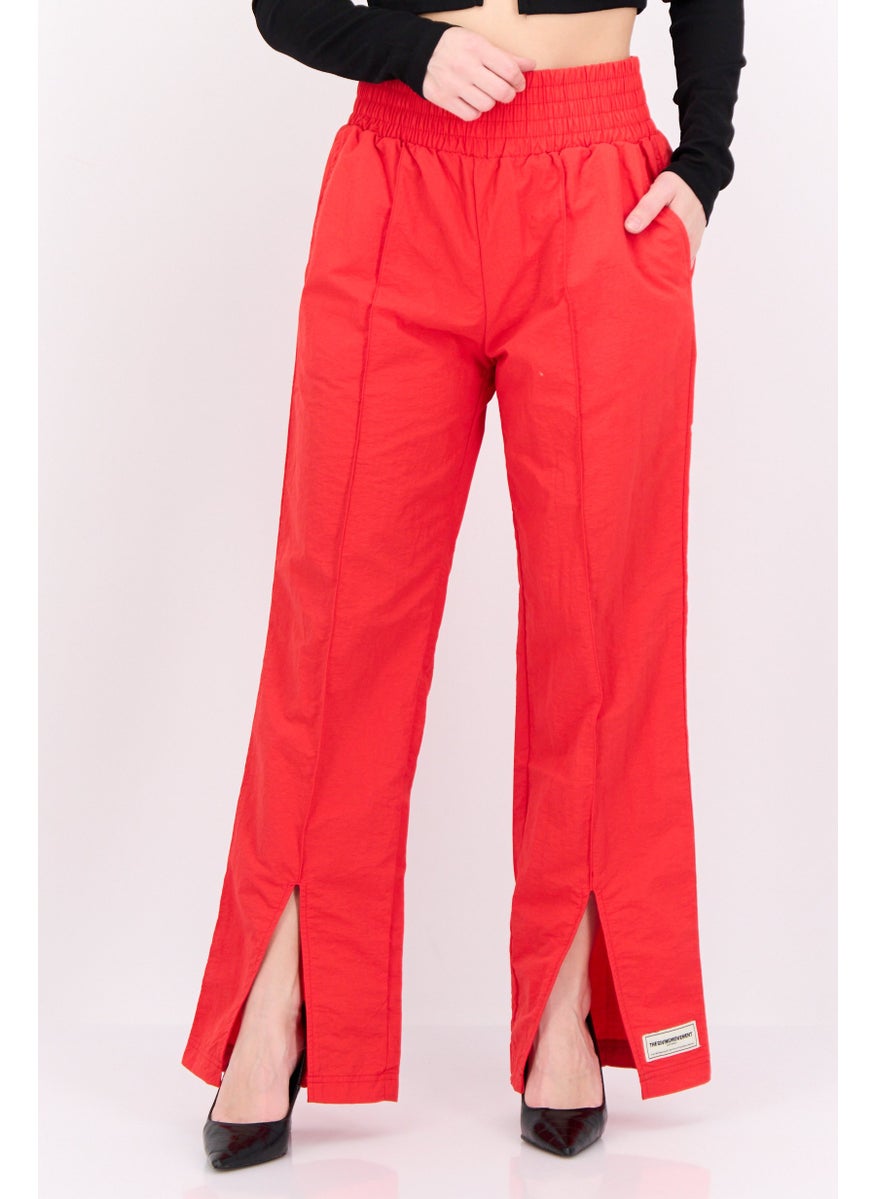 Women Regular Fit Brand Logo Wide Leg Pants, Red