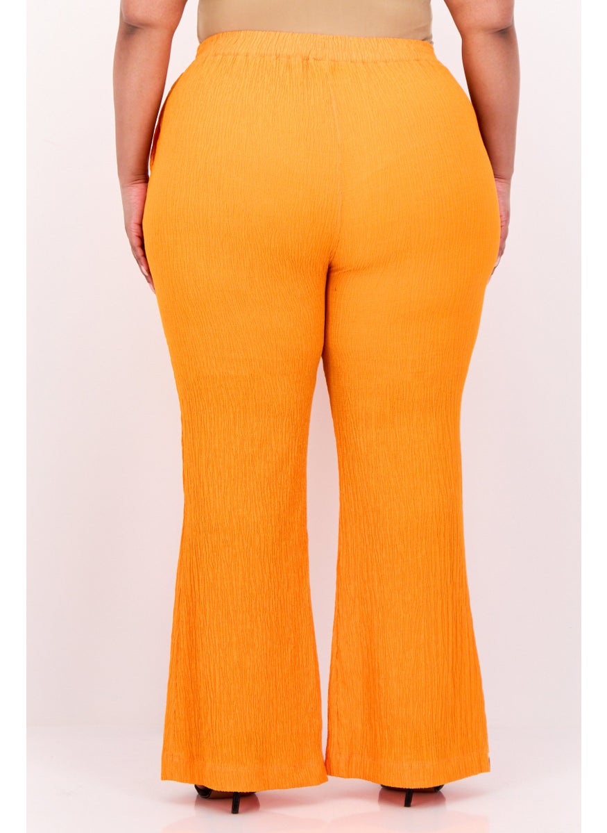 Women Regular Fit Textured Flare Pants, Orange