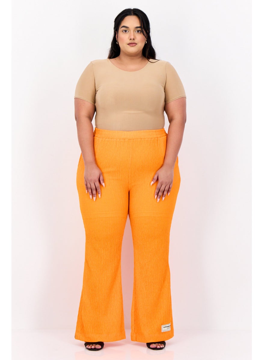 Women Regular Fit Textured Flare Pants, Orange