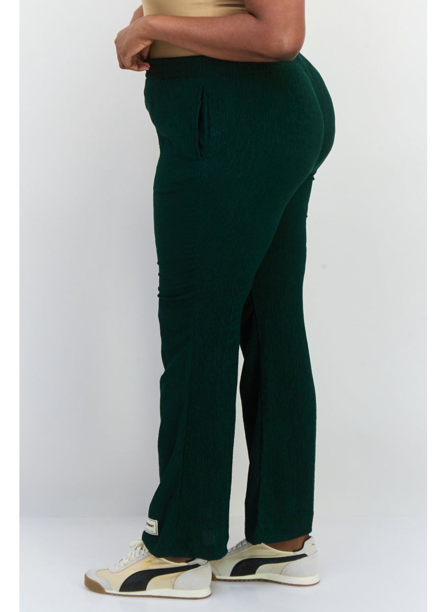 Women Regular Fit Textured Wide Leg Pants, Dark Green