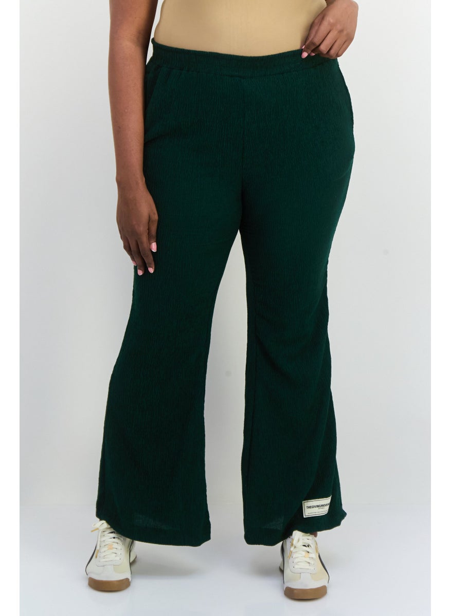 Women Regular Fit Textured Wide Leg Pants, Dark Green