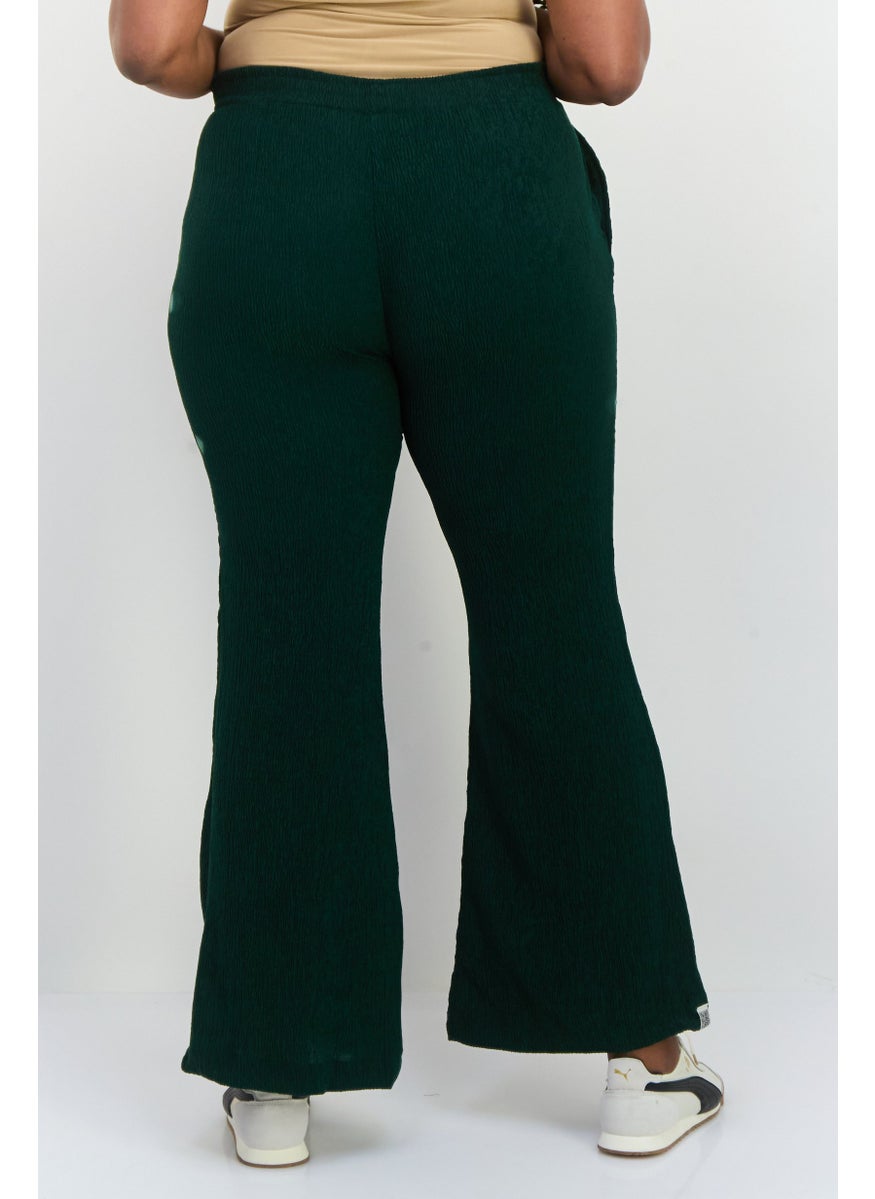 Women Regular Fit Textured Wide Leg Pants, Dark Green