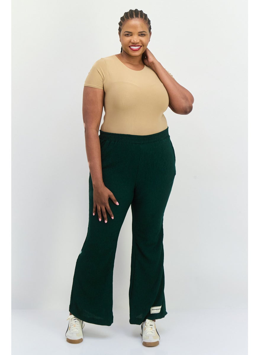 Women Regular Fit Textured Wide Leg Pants, Dark Green