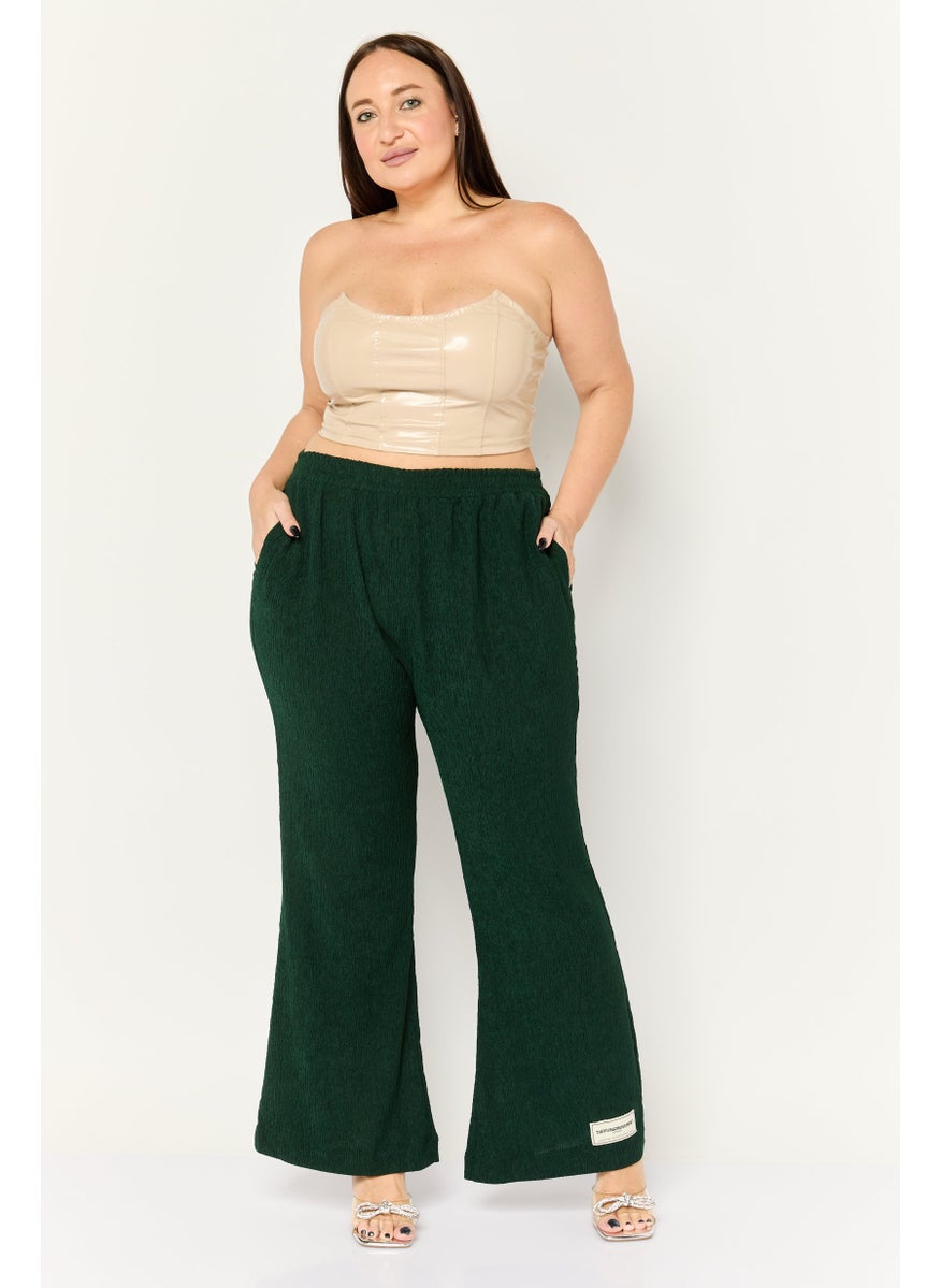 Women Regular Fit Textured Flare Pants, Dark Green