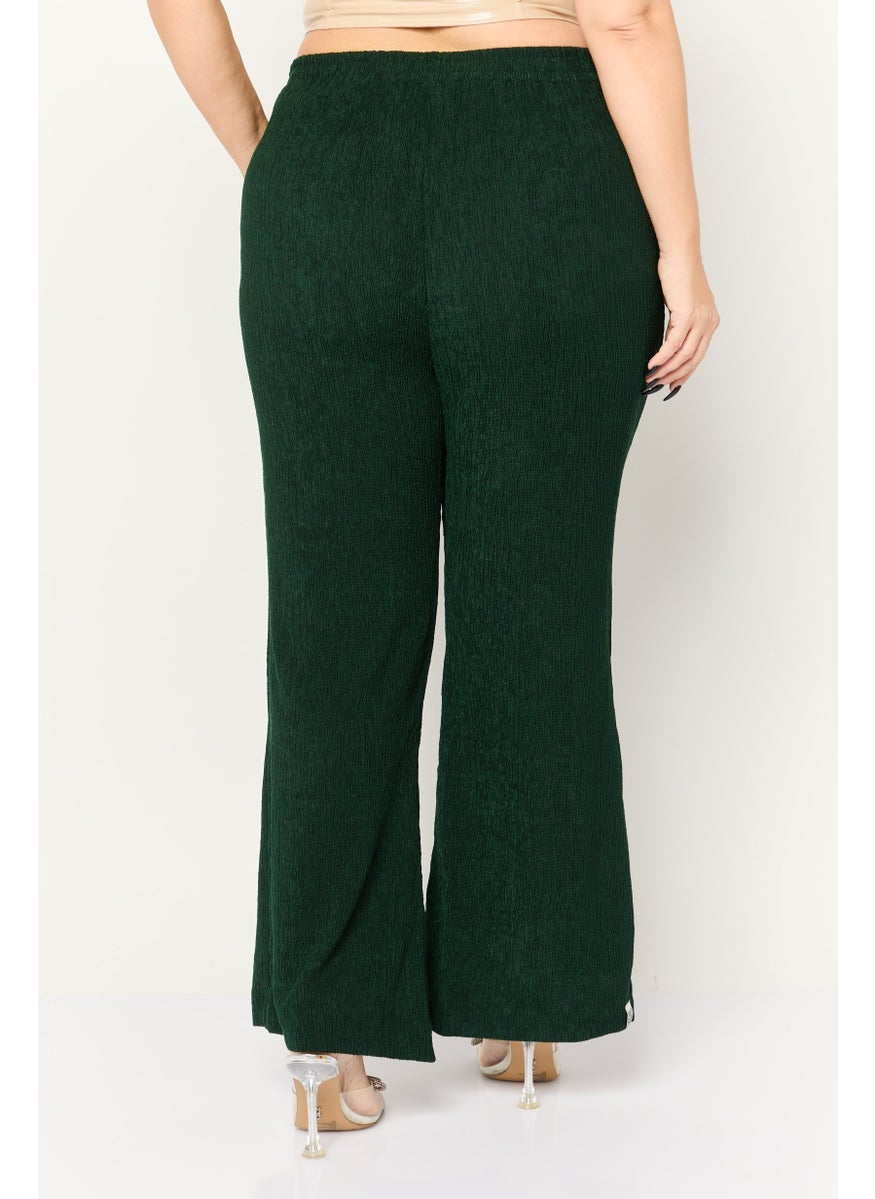 Women Regular Fit Textured Flare Pants, Dark Green