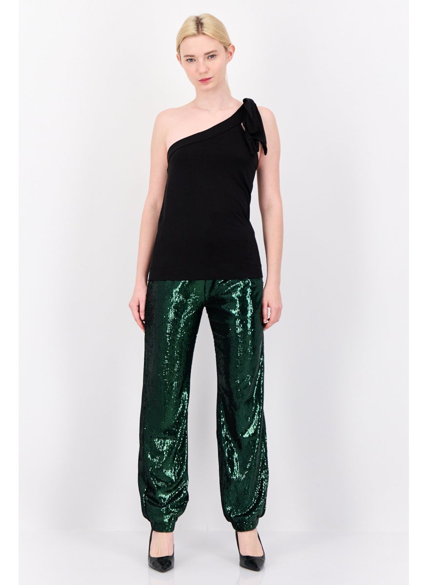 Women Regular Fit Straight Leg Sequined Pants, Green
