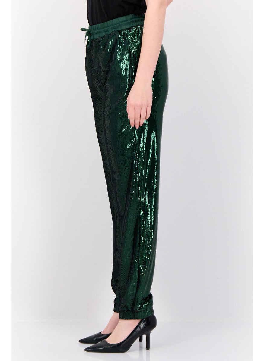 Women Regular Fit Straight Leg Sequined Pants, Green