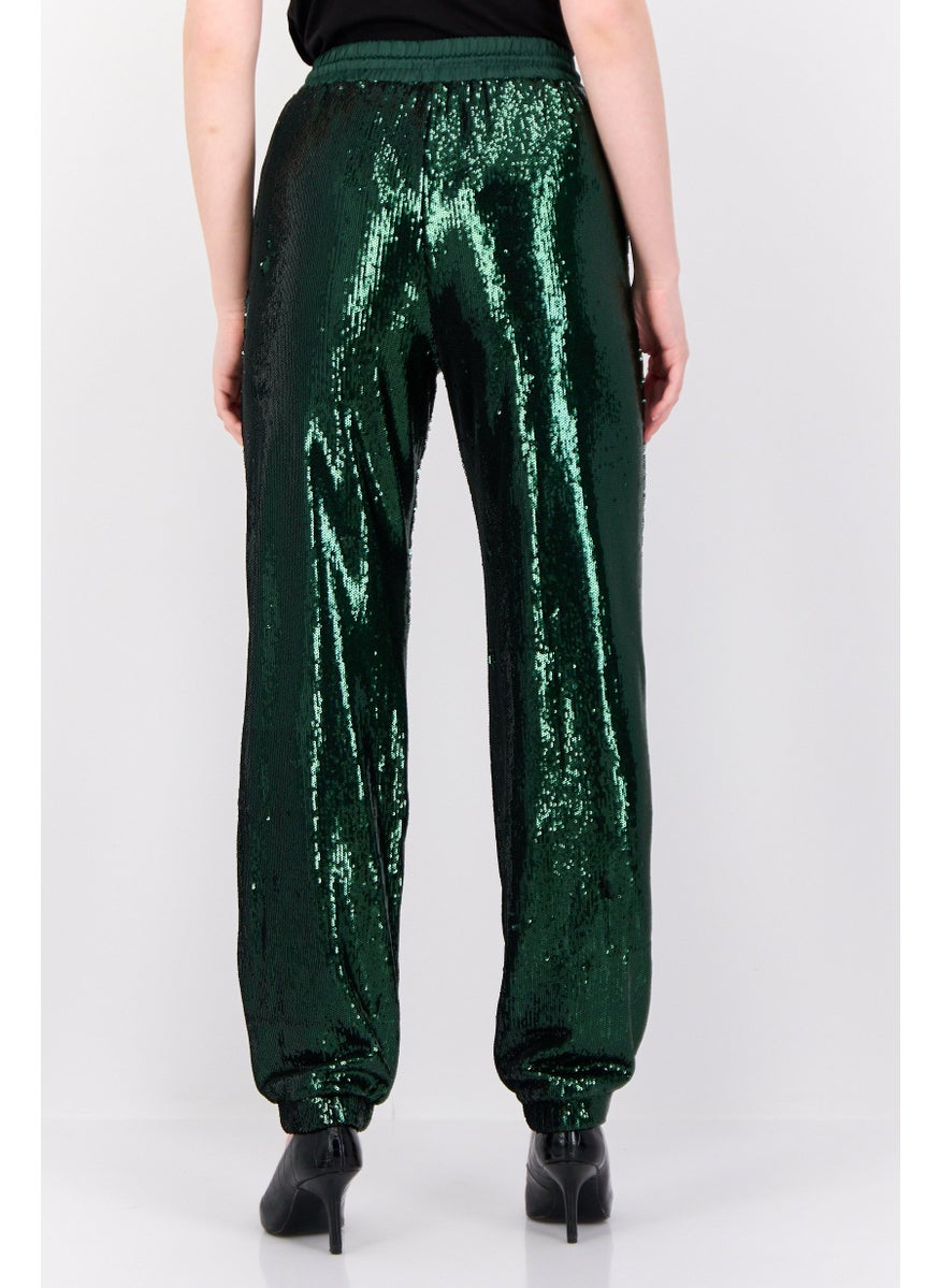 Women Regular Fit Straight Leg Sequined Pants, Green