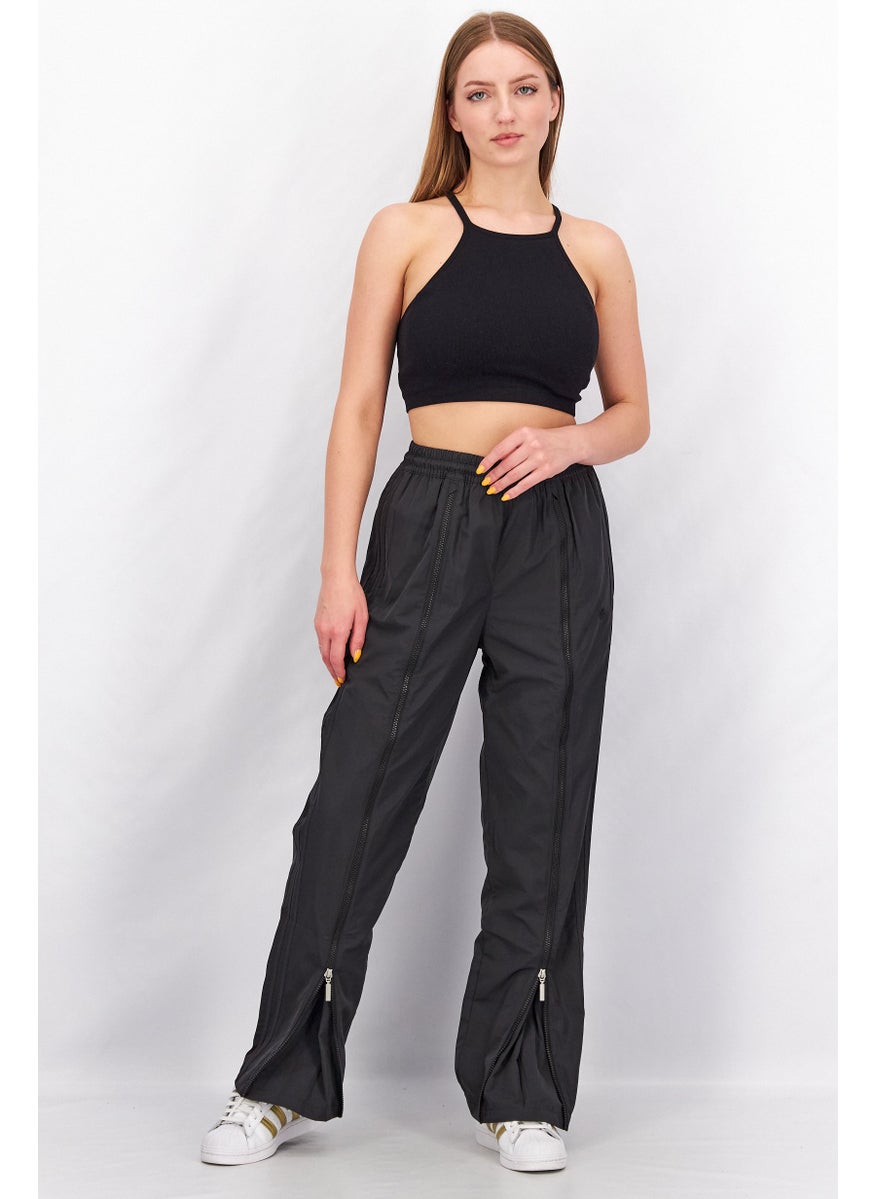 Women Regular Fit Zip Open Hem Pants, Black