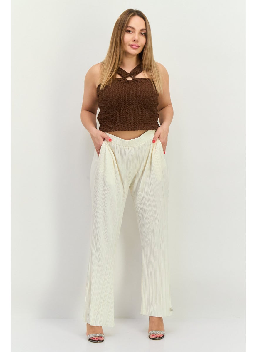 Women Regular Fit Textured Wide Leg Pants, Off White