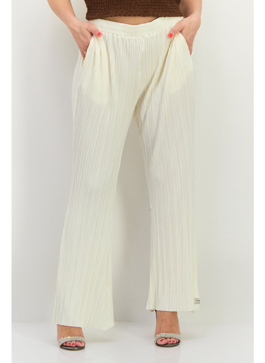 Women Regular Fit Textured Wide Leg Pants, Off White