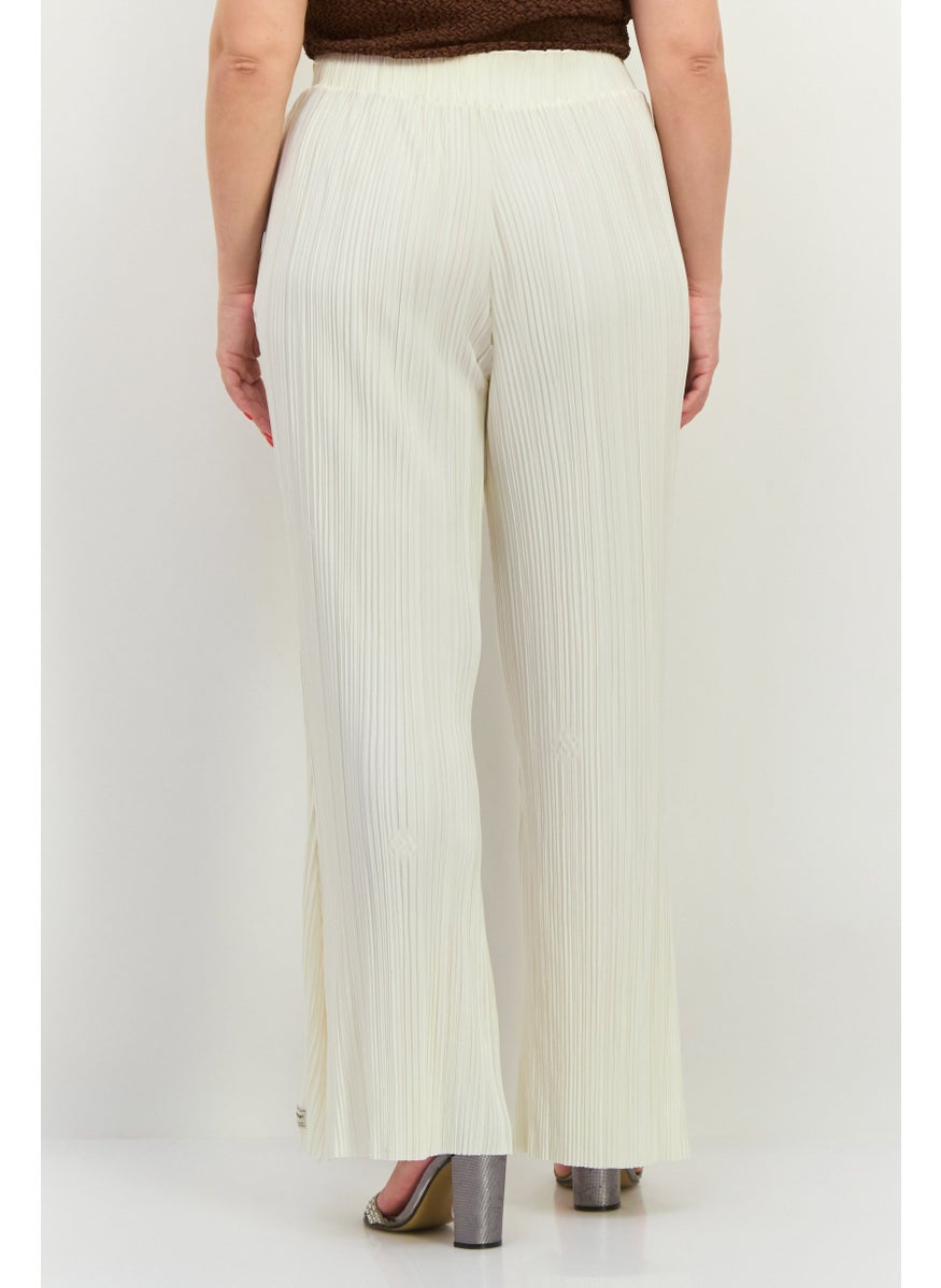 Women Regular Fit Textured Wide Leg Pants, Off White
