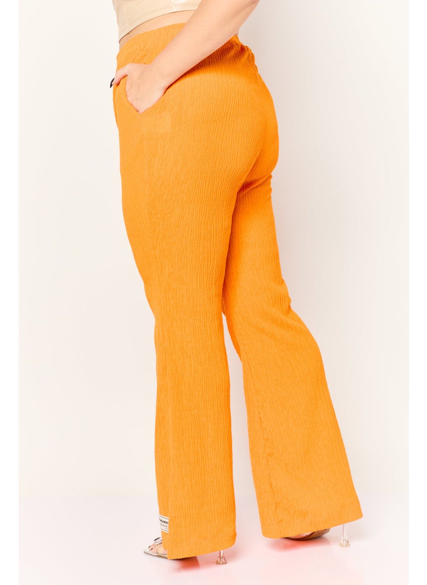 Women Regular Fit Textured Wide Leg Pants, Orange