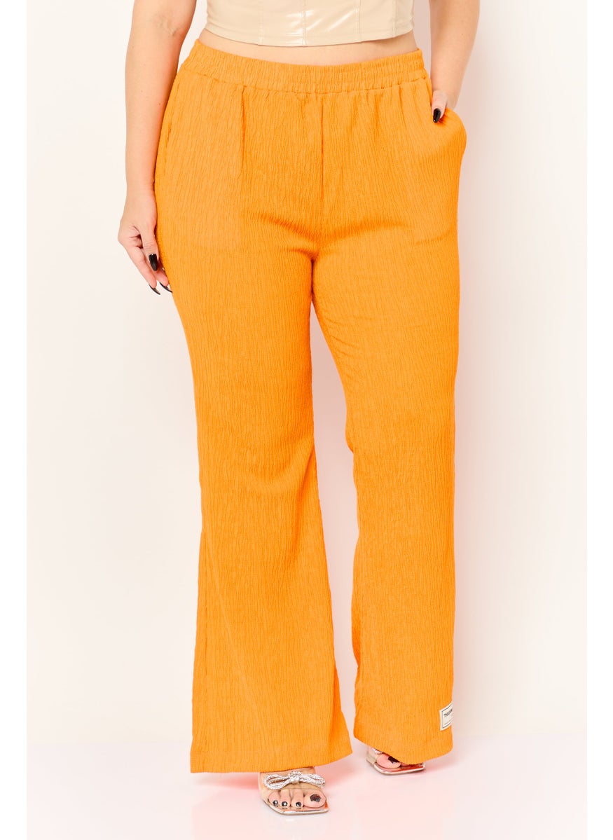 Women Regular Fit Textured Wide Leg Pants, Orange