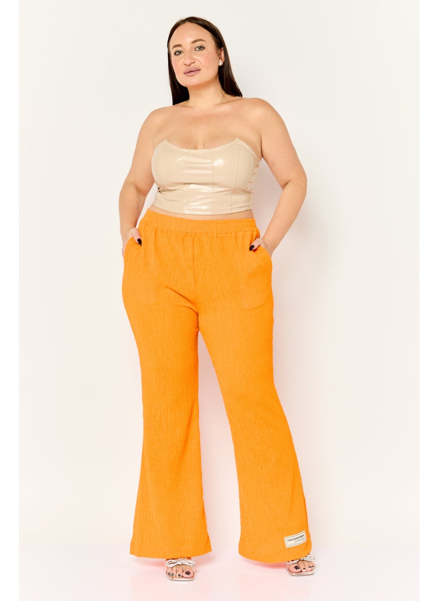 Women Regular Fit Textured Wide Leg Pants, Orange