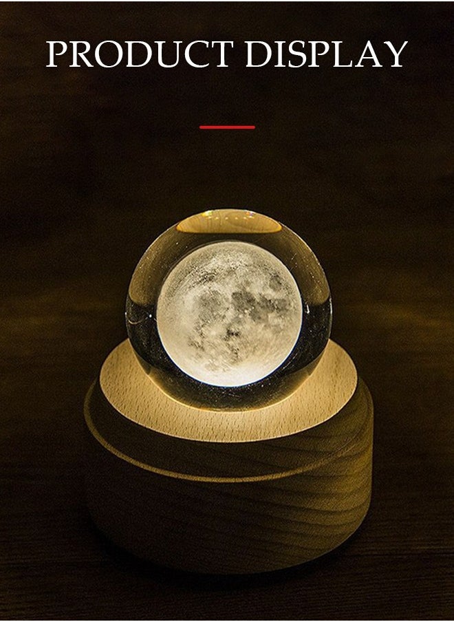 3D Moon Crystal Ball Night Light Wooden Base LED Moon Fantasy Crystal Night Light for Home Decoration Best Gift for Girlfriend Wife Mom Girl and Boy